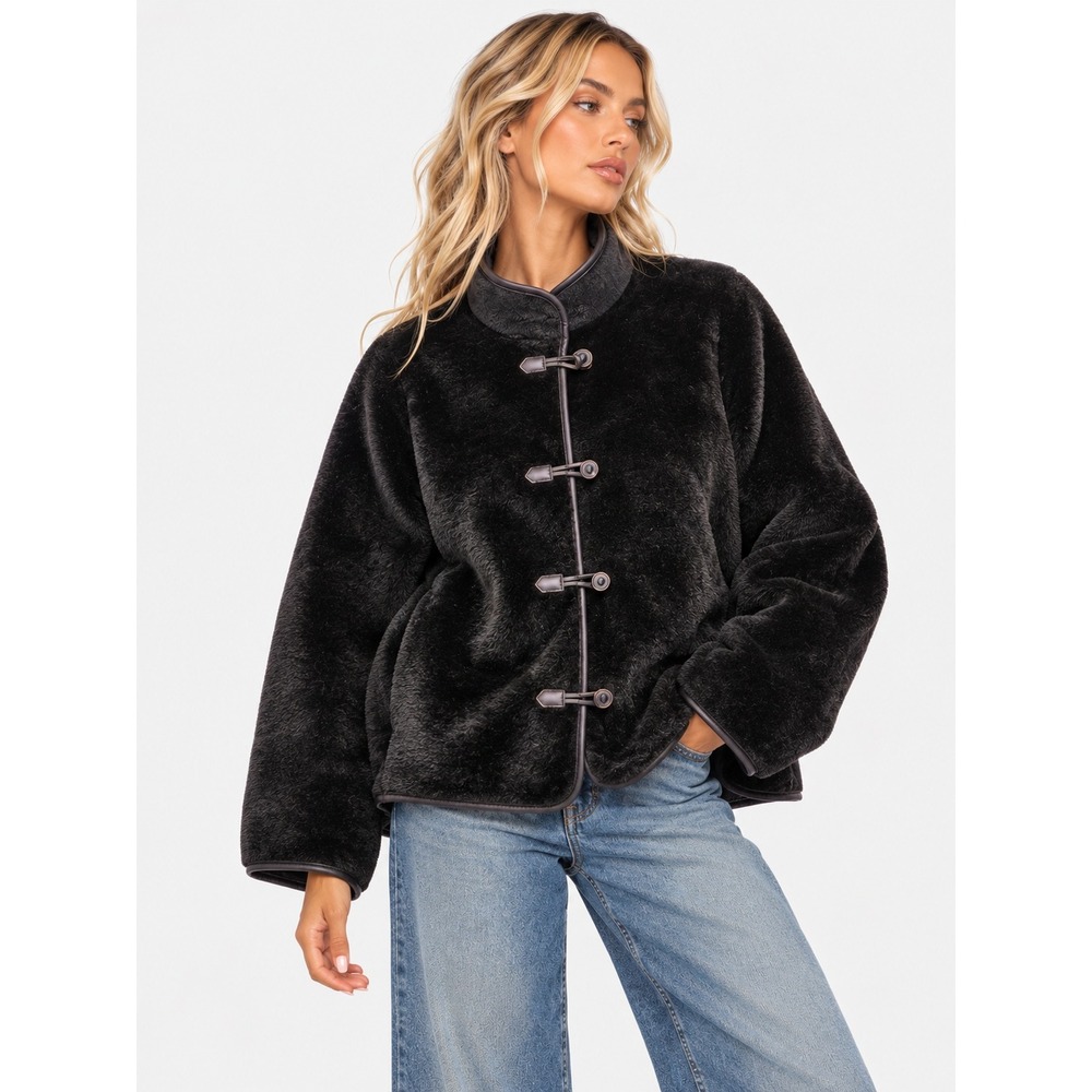 H&M Black Faux Fur Toggle Jacket Mock Neck Faux Leather Trim XS NWT